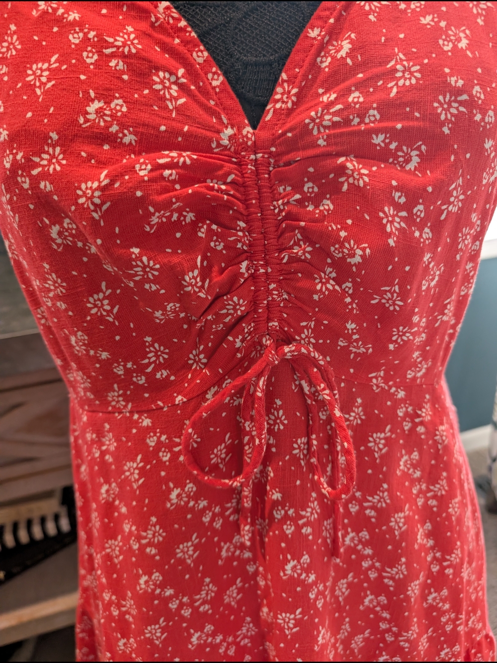Linen Coral Colored Floral Tie-Front Women's Dress